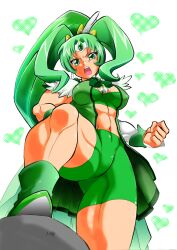  abs bad_id bad_pixiv_id big_hair bike_shorts bra breasts center_opening clenched_hand covered_nipples cure_march earrings female forehead_jewel foreshortening from_below green_eyes green_hair green_shorts green_theme headband heart heart_background high_ponytail highres jewelry large_breasts long_hair marimo_(yousei_ranbu) midorikawa_nao muscular muscular_female navel precure shorts smile_precure solo stepped_on thick_thighs thighs underwear very_long_hair 