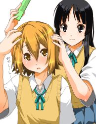  2girls akiyama_mio alternate_hairstyle black_eyes black_hair blonde_hair brown_eyes comb commentary_request hair_down k-on! long_hair multiple_girls sakuragaoka_high_school_uniform school_uniform shinama short_hair simple_background tainaka_ritsu translated white_background 