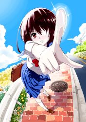  another arm_behind_back bag black_hair blue_skirt blue_sky blush brick briefcase cloud commentary_request cosplay day eyepatch female fisheye flower foreshortening guard_rail hand_focus kneehighs loafers looking_at_viewer manhole misaki_mei nazo_no_kanojo_x outdoors pansy parody pavement pigeon-toed pleated_skirt pointing pointing_at_viewer pov power_lines red_eyes road saliva school_bag school_briefcase school_uniform serafuku shoes short_hair skirt sky socks solo street summer urabe_mikoto urabe_mikoto_(cosplay) utility_pole white_legwear yamashita_bungo yomiyama_north_junior_high_school_uniform 