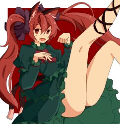  animal_ears bad_id bad_pixiv_id bow cat_ears cat_tail dress female green_dress hairbow kaenbyou_rin kuromari_(runia) legs_up long_hair multiple_tails no_panties open_mouth red_eyes red_hair ribbon smile solo tail touhou twintails 