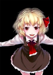  black_background blonde_hair commentary_request female hair_ribbon oerba_yun_fang open_mouth outstretched_arms red_eyes ribbon rumia short_hair simple_background sinzan solo touhou 