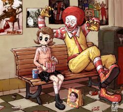  1boy afro bird brown_hair chicken clown commentary english_commentary female gloria_macapagal_arroyo indoors j-e-m-g kfc mcdonald&#039;s pepsi photoshop_(medium) pokemon rape_face red_hair ronald_mcdonald sitting teletubbies what you_gonna_get_raped 