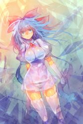  adapted_costume aged_up alternate_breast_size alternate_hairstyle blue_eyes blue_hair bow breasts cirno cleavage commentary_request female hairbow highres large_breasts long_hair mamuru see-through skindentation smile solo thighhighs touhou white_thighhighs 