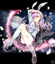  animal_ears arm_up ass blazer breasts broken_glass cherry_blossoms commentary_request dress_shirt female full_moon glass jacket kneehighs legs light_purple_hair long_hair medium_breasts moon necktie one_eye_closed petals purple_eyes rabbit_ears red_necktie reisen_udongein_inaba shirt sleeves_rolled_up socks solo touhou transparent usui_ryuu white_socks 