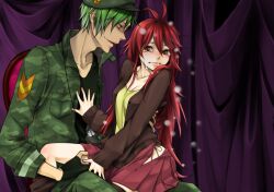  1boy bad_id bad_pixiv_id cardigan couple dandruff dog_tags fatalizer female flaky_(happy_tree_friends) flippy_(happy_tree_friends) green_hair happy_tree_friends hat military military_uniform personification pleated_skirt red_hair sitting sitting_on_lap sitting_on_person skirt straight tears undressing uniform 