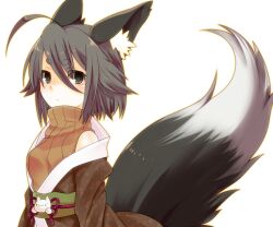  :3 ahoge animal_ear_fluff animal_ears black_hair commentary_request female fox_ears fox_tail green_eyes looking_at_viewer mofuaki original short_hair solo tail 