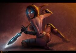  armlet armor artist_request bare_back barefoot bikini_armor bracer dirty dirty_feet elf facial_mark feet female gauntlets glowing glowing_eyes imageboard_desourced night_elf_(warcraft) non-web_source photoshop_(medium) player_character_(wow) pointy_ears polearm short_hair smile soles solo spear toeless_legwear warcraft warrior weapon world_of_warcraft 