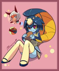  animal_ears apron blue_skin blunt_bangs colored_sclera colored_skin commentary_request female fins fish_girl hair_ornament imagining minette_(skullgirls) monster_girl ms._fortune_(skullgirls) purple_eyes shell skullgirls smile tail thighhighs tray waitress yellow_sclera yojio_(2188) 