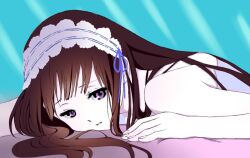  black_hair chitanda_eru commentary_request female hakujou_(ododod9) headdress high_contrast hyouka long_hair lying madoromi_no_yakusoku on_stomach purple_eyes simple_background solo 