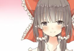  bad_id bad_pixiv_id blush bow female grey_eyes grey_hair hair_tubes hairbow hakurei_reimu pasutel portrait red_bow smile solo touhou 