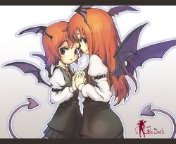  2girls bat_wings belt blush commentary_request demon_tail demon_wings dress_shirt dual_persona head_wings highres koakuma long_hair looking_at_viewer multiple_girls nametake necktie photoshop_(medium) pleated_skirt red_eyes red_hair shirt short_hair skirt smile tail touhou vest wings 