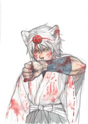  angry animal_ears bad_id bad_pixiv_id blood covering_own_mouth female hakama hakama_skirt hands hat highres inubashiri_momiji japanese_clothes kimono kobuushi muscular painting_(medium) photoshop_(medium) short_hair skirt solo tokin_hat touhou traditional_media watercolor_(medium) white_background white_hair wide_sleeves wolf_ears yellow_eyes 