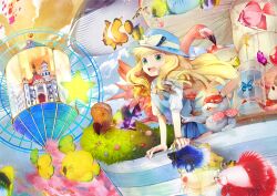  :d alice_(alice_in_wonderland) alice_in_wonderland blonde_hair bug butterfly castle commentary_request female fish green_eyes hakusai_(tiahszld) hat highres long_hair open_mouth photoshop_(medium) skirt smile solo star_(symbol) 