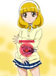  belt blonde_hair commentary_request copyright_name eyelashes female hairband kamen_rider kamen_rider_dcd kamen_rider_decade looking_at_viewer necktie parody photoshop_(medium) pleated_skirt precure school_uniform short_hair skirt smile_precure solo white_hairband yayoi_kise yellow_eyes yuu_(1007yu) 