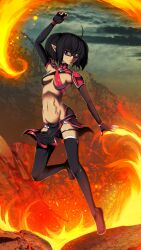  black_hair bottomless dark-skinned_female dark_skin elf female fire glasses highres navel navel_piercing original piercing pointy_ears purple_eyes rouzille solo tattoo twintails 