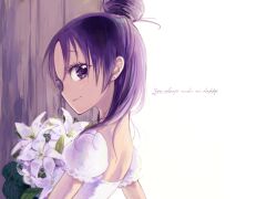  aoren bad_id bad_pixiv_id bride dress earrings english_text eyelashes female flower futari_wa_precure_splash_star hair_bun half_updo jewelry light_smile lily_(flower) looking_back mishou_mai precure profile purple_eyes purple_hair short_hair single_hair_bun smile solo wedding_dress white_background white_dress 