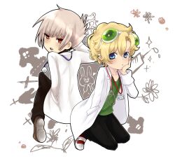  2boys :&lt; blonde_hair blue_eyes blush curly_hair doctor earring earrings goggles grey_hair hamu44 hand_on_another&#039;s_face hand_on_face jewelry labcoat lolicon looking_back multiple_boys original red_hair short_hair stethoscope 