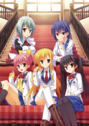  5girls black_legwear blazer boots couch crossed_legs hand_on_own_cheek hand_on_own_face highres jacket kanemoto_akari kobuichi kunihiro_hinata looking_at_viewer maid maid_headdress masamune_shizuru multiple_girls muririn nagamitsu_maya noble_works pantyhose plaid plaid_skirt school_uniform sitting skirt stairs thighhighs tsukiyama_sena twintails white_legwear 