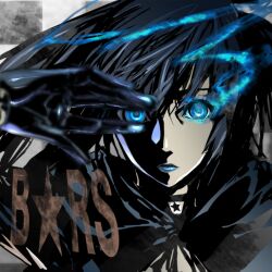  bad_id bad_pixiv_id black_hair black_rock_shooter black_rock_shooter_(character) blue_eyes blurry choker depth_of_field dodai_shouji female flaming_eye gloves glowing hands lips photoshop_(medium) solo 