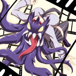  female filia_(skullgirls) miniskirt necktie prehensile_hair red_eyes samson_(skullgirls) skirt skullgirls teeth thighhighs tie yellow_eyes 