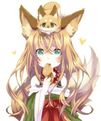  :&lt; aburaage animal animal_ear_fluff animal_ears animal_on_head aqua_eyes blonde_hair blush commentary_request eating female food fox fox_ears fox_tail heart heart-shaped_pupils long_hair looking_at_viewer mofuaki on_head original solo symbol-shaped_pupils tail 