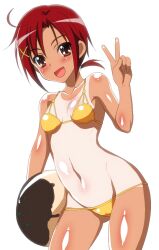  :d bad_id ball bare_shoulders beachball bikini blush breasts collarbone female groin hino_akane_(smile_precure!) kyogoku_shin navel oerba_yun_fang open_mouth ponytail precure red_eyes red_hair shiny_skin small_breasts smile smile_precure solo swimsuit tan tanlines v yellow_bikini 