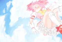  bad_drawr_id bad_id bad_link bow cloud falling female frills gloves hairbow kaname_madoka kaname_madoka_(magical_girl) magical_girl mahou_shoujo_madoka_magica mahou_shoujo_madoka_magica_(anime) no+bi= oekaki open_mouth pink_eyes pink_hair sky solo 