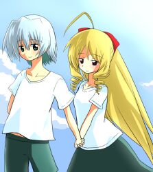  1boy ayasaki_hayate blonde_hair blue_eyes blue_hair breasts cloud dress female hayate_no_gotoku! long_hair red_eyes short_hair sky tennousu_athena 