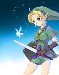  belt blonde_hair blue_eyes commentary_request dress earrings fairy female genderswap_(mtf) gloves hat holding holding_sword holding_weapon jewelry kubota_(saki5368) left-handed link navi pointy_ears rule_63 shield skirt sword the_legend_of_zelda tunic weapon 