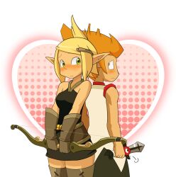  1boy blonde_hair blush bow_(weapon) commentary_request cra_(wakfu) evangelyne_(wakfu) female fen_(gunpura) heart highres iop_(wakfu) orange_hair rubilax straight sword tristepin_percedal wakfu weapon 