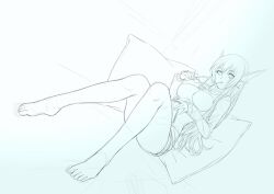  aqua_theme bad_id bad_pixiv_id bare_legs barefoot blue_theme breasts emil_chronicle_online eyewear_in_mouth feet female fins glasses head_fins large_breasts line_art lintanghaseo long_hair looking_at_viewer monochrome mouth_hold photoshop_(medium) rorona solo sweater unworn_eyewear 