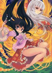  2girls bad_id bad_pixiv_id bare_legs barefoot black_eyes black_hair bow branch commentary_request fire fujiwara_no_mokou hairbow holding houraisan_kaguya jeweled_branch_of_hourai long_hair multiple_girls open_mouth pants photoshop_(medium) red_eyes ribbon shirt skirt smile touhou white_hair wide_sleeves yuu_(kfc) 