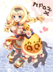  :o blonde_hair blue_eyes blush braid breast_hold breasts commentary_request female gloves hair_tubes heart large_breasts long_hair ludroth_(armor) miyano_ururu monster_hunter_(character) monster_hunter_(series) open_mouth ribbon socks solo striped_clothes striped_socks twin_braids twintails 