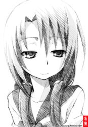  commentary_request female gofu greyscale hiramatsu_taeko kore_wa_zombie_desu_ka? light_smile long_hair monochrome school_uniform serafuku solo spot_color traditional_media twintails 