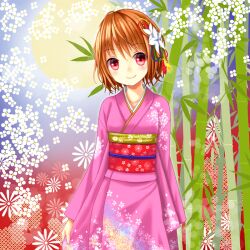  bamboo blue_ribbon blush brown_hair collarbone commentary_request female floral_background floral_print flower hair_flower hair_ornament hair_ribbon japanese_clothes kimono long_sleeves looking_at_viewer obi original photoshop_(medium) pink_kimono red_eyes red_ribbon ribbon sash setona_(daice) short_hair smile solo standing yellow_ribbon 