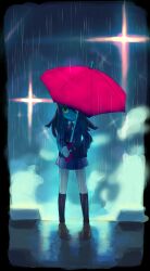  bad_id bad_pixiv_id black_socks brown_hair chingisu female hand_in_pocket lossy-lossless original pleated_skirt rain school_uniform skirt socks solo umbrella yellow_eyes 