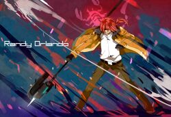  1boy character_name coat commentary_request eiyuu_densetsu full_body getiao gloves long_hair male_focus pants polearm randolph_orlando red_hair shirt solo spear weapon zero_no_kiseki 