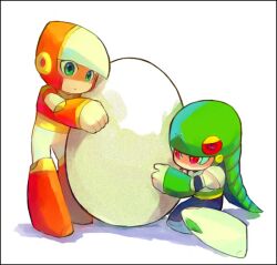  2boys android chibi commentary_request crash_man egg forked_tongue framed from_side green_eyes helmet jiayulong mega_man_(classic) mega_man_(series) mega_man_2 mega_man_3 multiple_boys photoshop_(medium) red_eyes robot shadow simple_background sitting slit_pupils snake_man standing tongue tongue_out white_background 