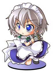  apron bad_id bad_pixiv_id blue_dress blue_eyes braid chibi dress female grey_hair hair_ribbon izayoi_sakuya knife maid maid_headdress on_one_knee open_mouth ribbon shinjitsu short_hair solo touhou twin_braids waist_apron wrist_cuffs 