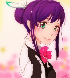  aquarion_(series) aquarion_evol bow commentary_request female green_eyes hair_bun hair_ornament kagetsu_ria mikono_suzushiro purple_hair signature single_hair_bun solo 