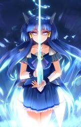  aoki_reika aura blue_hair blue_skirt blue_theme commentary_request crystal_sword cure_beauty eyelashes female glowing glowing_eyes highres ice long_hair photoshop_(medium) precure skirt smile_precure solo standing sword weapon yuki_usagi_(mofurafu) 