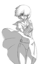  commentary_request female greyscale hair_over_one_eye highres long_skirt monochrome navel nazo_no_kanojo_x object_in_clothes object_in_panties panties photoshop_(medium) saliva saliva_trail school_uniform scissors serafuku short_hair short_sleeves skirt solo tongue tongue_out underwear urabe_mikoto wind wind_lift yomodasu 