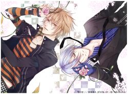  2boys 610_(motou) amnesia_(idea_factory) blonde_hair blue_eyes commentary_request flower gloves ikki_(amnesia) jacket male_focus multiple_boys pink_flower pink_rose rose smile toma_(amnesia) white_hair yellow_eyes 