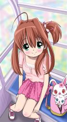  brown_hair commentary_request female from_above green_eyes highres jewelpet_(series) jewelpet_twinkle labra_(jewelpet) long_hair looking_up photoshop_(medium) ruby_(jewelpet) sakura_akari side_ponytail smile tomita_hiroshi 