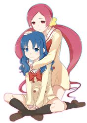  2girls bad_id bad_pixiv_id black_socks blue_eyes blue_hair blush hanasaki_tsubomi heartcatch_precure! hug hug_from_behind indian_style kneehighs kneeling kurumi_erika loafers long_hair minatsuki_randoseru multiple_girls myoudou_gakuen_middle_school_uniform pink_eyes pink_hair pout precure school_uniform shoes simple_background sitting socks tears twintails v_arms very_long_hair wavy_mouth white_background 