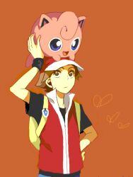  backpack bad_id bad_tumblr_id bag baseball_cap brown_hair gen_1_pokemon hat holding jigglypuff lechuza on_head orange_background pokemon pokemon_(creature) pokemon_(game) pokemon_frlg pokemon_on_head red_(pokemon) red_(pokemon_frlg) vs_seeker 