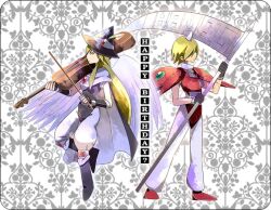  1boy armor brother_and_sister commentary_request cosplay costume costume_switch female hamel hamel_(cosplay) happy_birthday horns instrument red_armor scythe siblings single_horn sizer sizer_(cosplay) twins violin violinist_of_hameln wings yasumi_(aitne) 