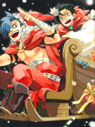  2boys bandages blue_hair cape christmas commentary_request gift hat kamina_(ttgl) male_focus multiple_boys noeru_(soul64) sack santa_costume santa_hat simon_(ttgl) sleigh tegaki tengen_toppa_gurren_lagann topless_male 