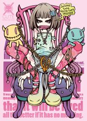  brown_hair chains chair commentary_request cuffs decora english_text engrish_text female hair_ornament hairpin handcuffs heart highres jewelry mary_janes original photoshop_(medium) pink_eyes pink_thighhighs project.c.k. ranguage ring scarf scissors shoes short_shorts shorts solo tattoo thighhighs thumb_ring unmoving_pattern 