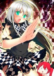  2girls @_@ ahoge aqua_eyes b-ginga blush checkered_background checkered_clothes checkered_skirt commentary_request cthugha_(nyaruko-san) dress drooling fighting_stance grey_hair haiyore!_nyaruko-san huge_ahoge long_hair looking_at_viewer multiple_girls nyarlathotep_(nyaruko-san) open_mouth saliva skirt thighhighs white_legwear zettai_ryouiki 